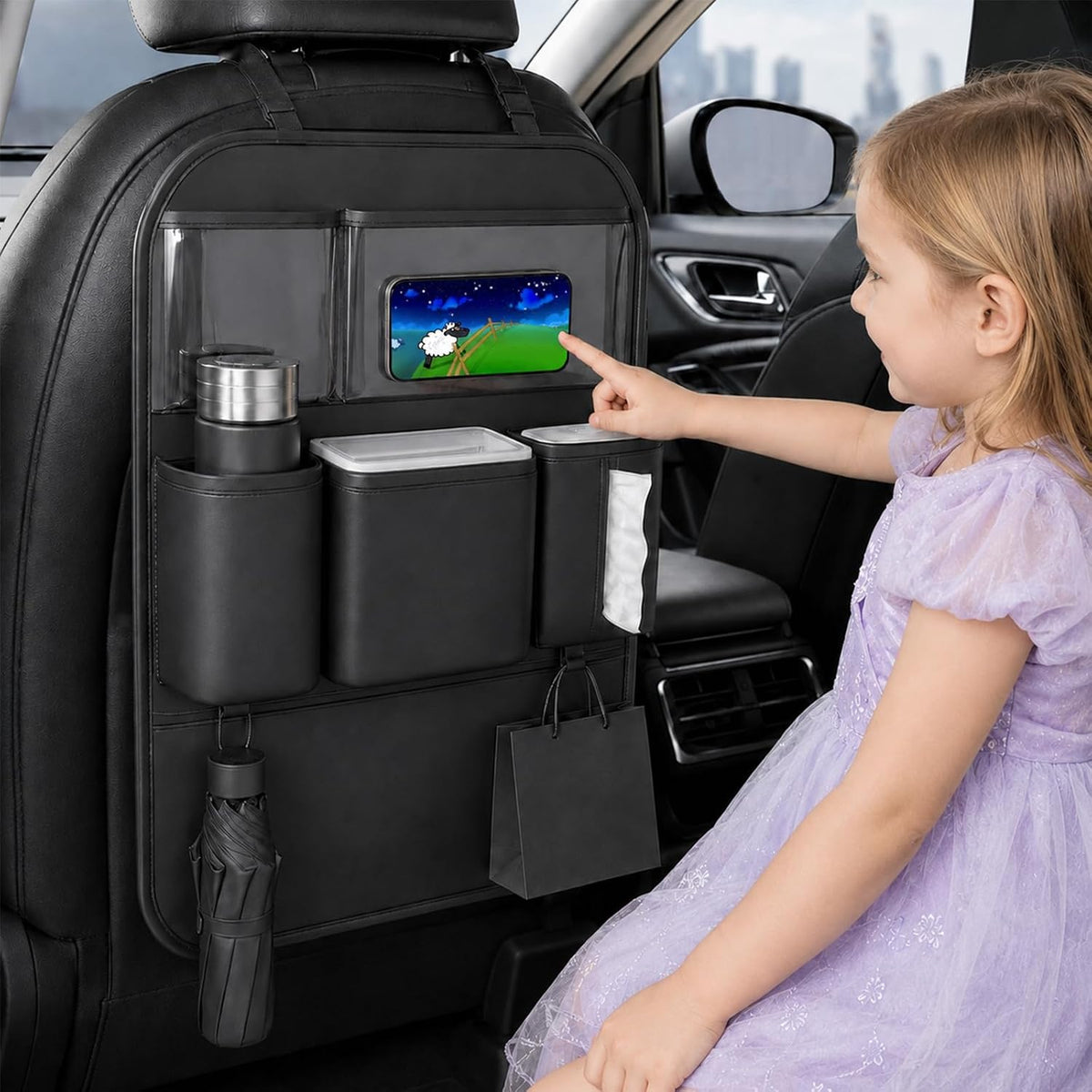 Leather Car Seat Back Organizer, Backseat Kick Mat Protector with Clear Touchscreen Tablet Holder, Cup Holder, Tissue Holder and Storage Pockets, Fits Cars SUVs Minivans, Black