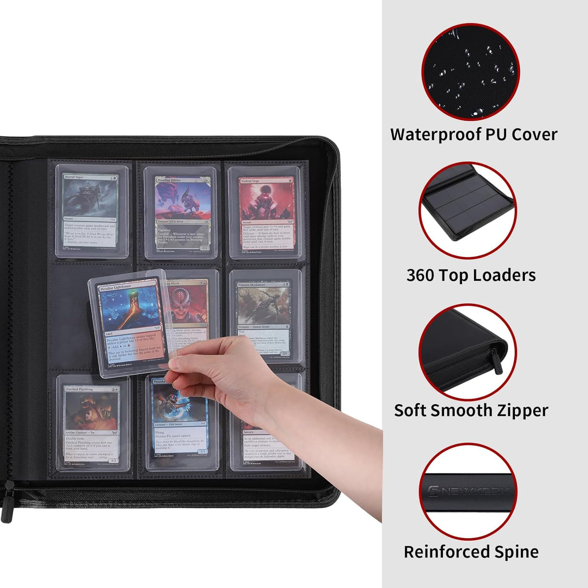 Snekdy Top Loader Binder - 9 Pocket Card Holder with Sleeves for 360 Cards | Black PU Leather