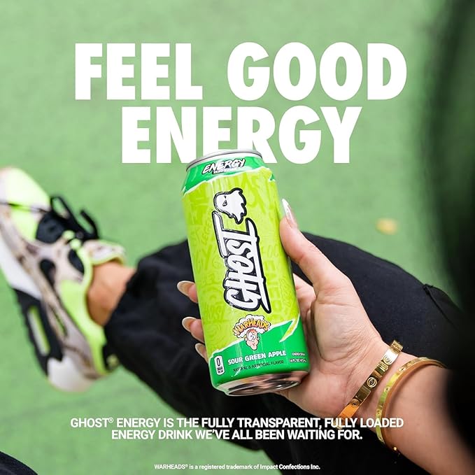 GHOST Energy Drink - 12-Pack, Warheads Sour Green Apple, 16oz - Energy & Focus & No Artificial Colors - 200mg of Natural Caffeine, L-Carnitine & Taurine - Gluten-Free & Vegan