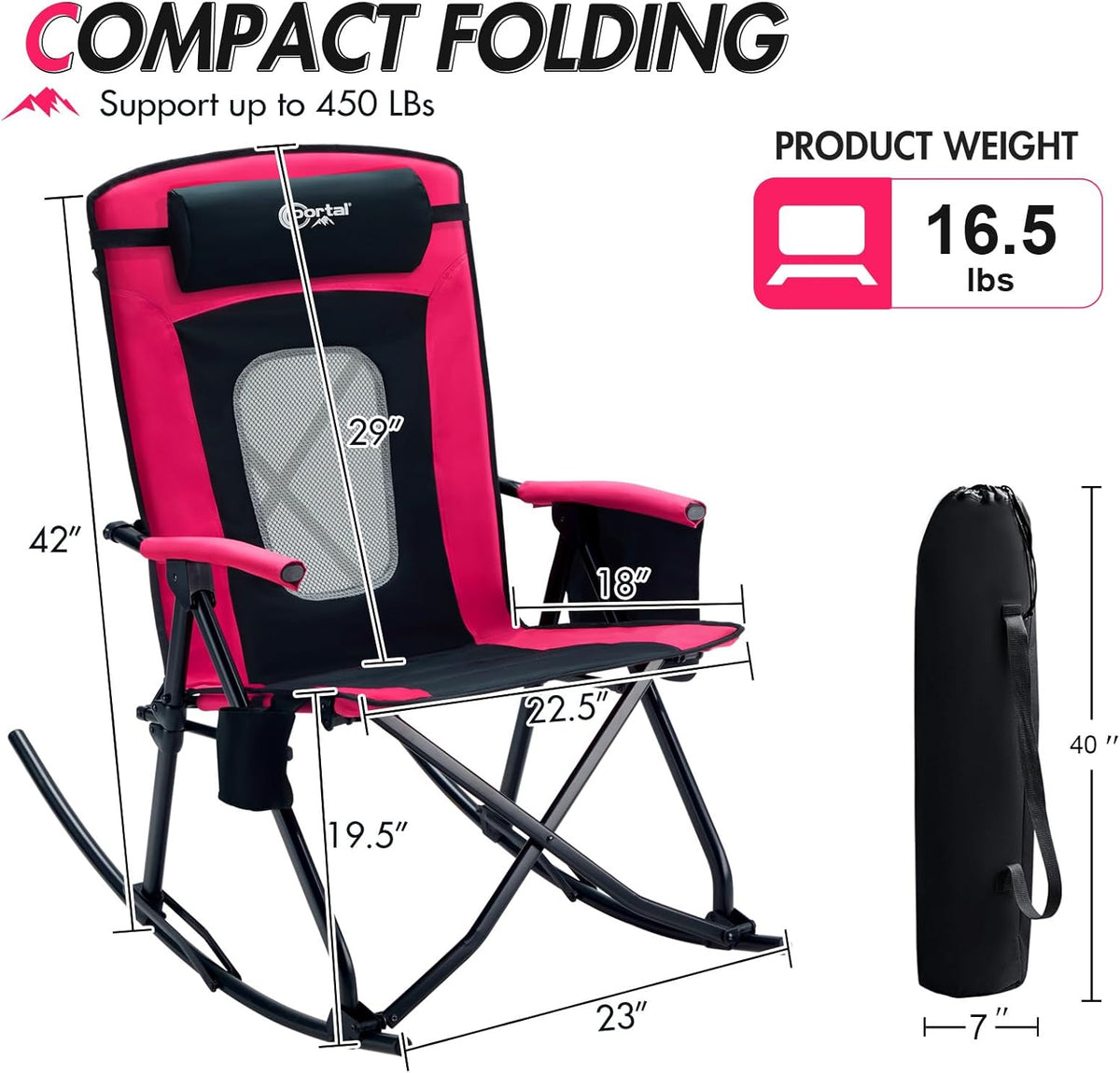 PORTAL Oversized Folding Rocking Camping Chair - Portable Outdoor Rocker with High Back & Carry Bag, Supports 400 lbs