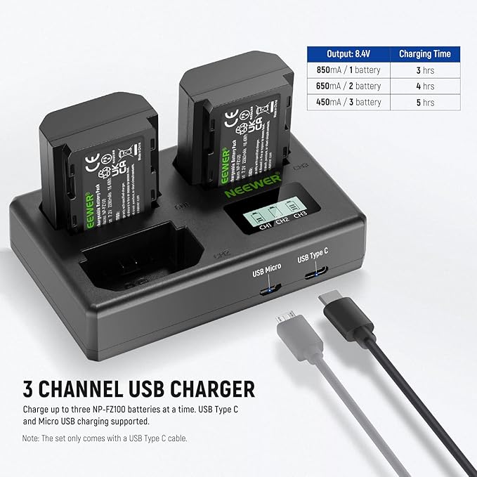 NEEWER NP-FZ100 Replacement Battery and Charger Set, 3 Pack 2280mAh NP-FZ100