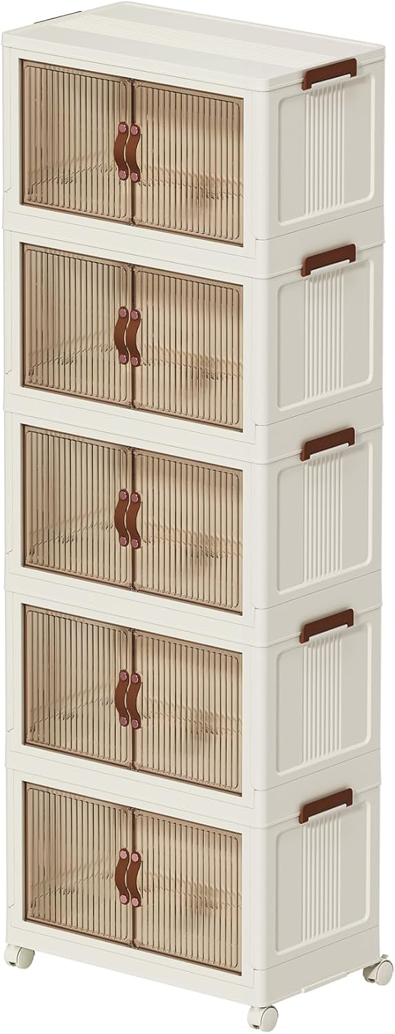 Collapsible Storage Bins with Lids - Stackable Plastic Closet Organizers for Clothes, and Home Organization White (4-rack, 17 Gal/rack)