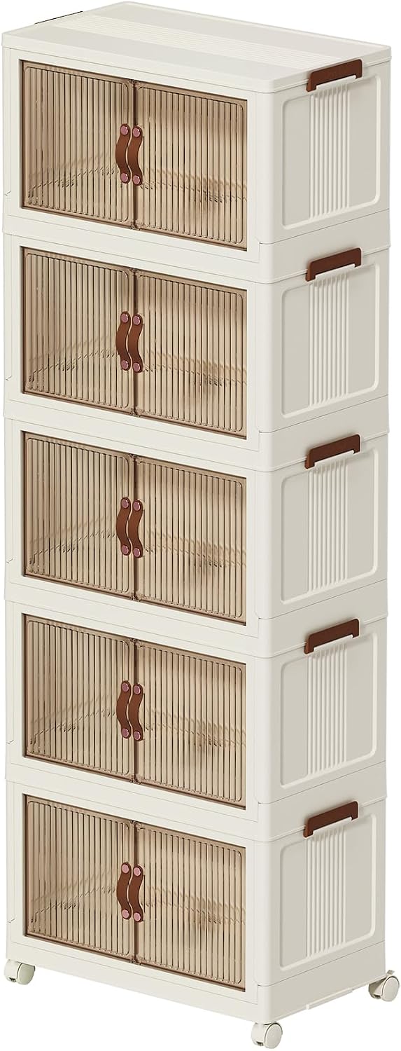 Collapsible Storage Bins with Lids - Stackable Plastic Closet Organizers for Clothes, and Home Organization White (5-rack, 9 Gal/rack)