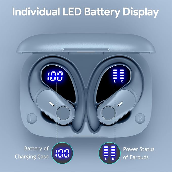 Active Noise Cancelling Ear Buds Wireless Earbuds 80H Playtime Bluetooth Headphones with LED Display Case, Hi-Res Audio Clear Calls Earphones with Over Ear Hooks for Running Gym Workout Sierra Blue