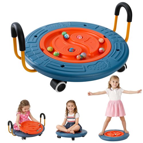 3-In-1 Balance Scooter Board for Kids，Plastic Wobble Balance Board Rocker Maze with Handles, 5 Balls, Toddler Floor Scooter Boards for Sensory Training, Physical Therapy (Blue)