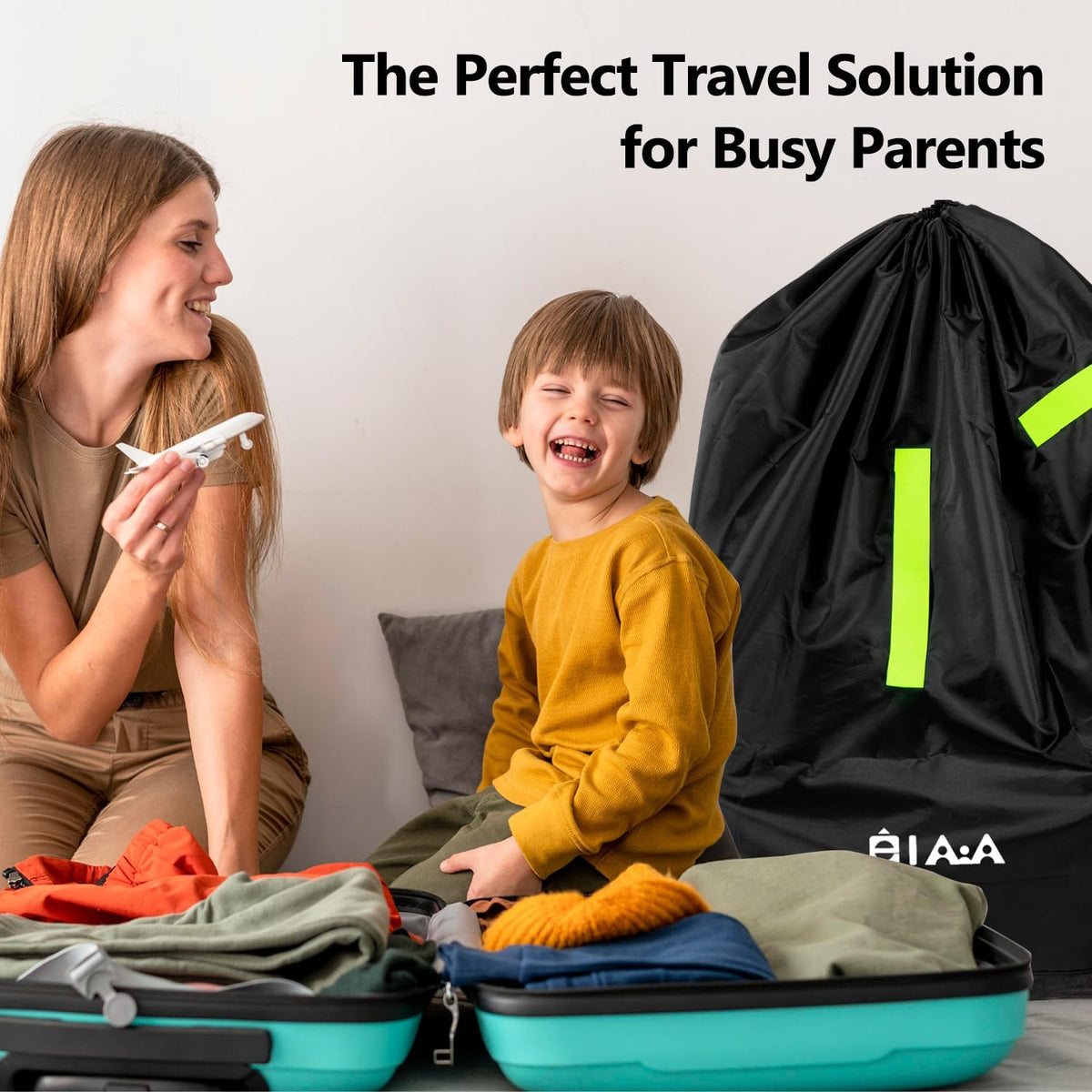 elaia Large Waterproof Car Seat Travel Bag for Airplane with Green Straps