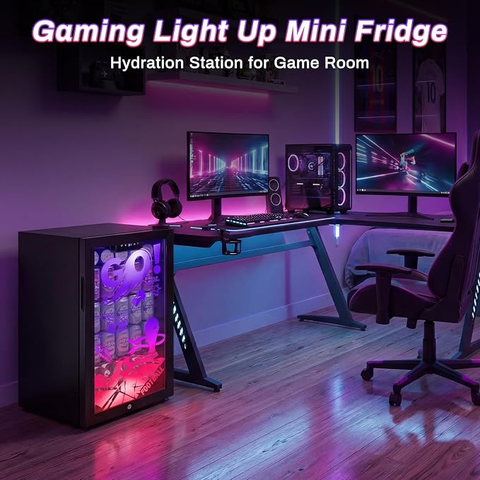 Velivi Gaming Mini Fridge with Led Lights, 3.2 Cu Ft Gaming Light Up Glass Door Beverage Refrigertor Small Lockable Drink Cooler For For Soda Beer, Cyberpunk Gaming Rooms Bar Home Party | 3.2 Cu Ft Small Lockable Drink Cooler For For Soda Beer, Cyberpu...