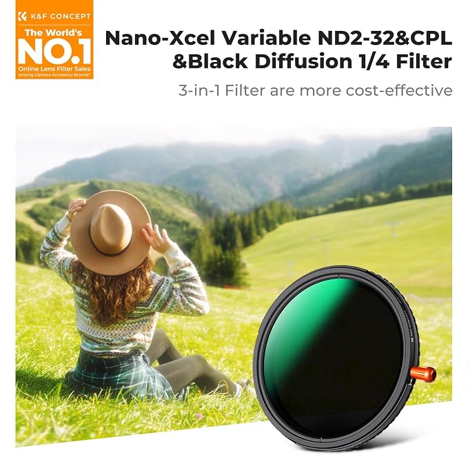 K&F CONCEPT 55mm Black Diffusion Mist Effect 1/4 & Variable ND2-32 & Circular