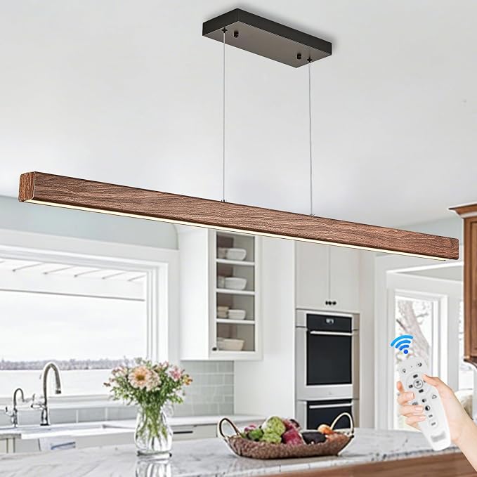 Linear Pendant Light 39 Inches Wood Grin Finish Island Light Modern LED Hanging