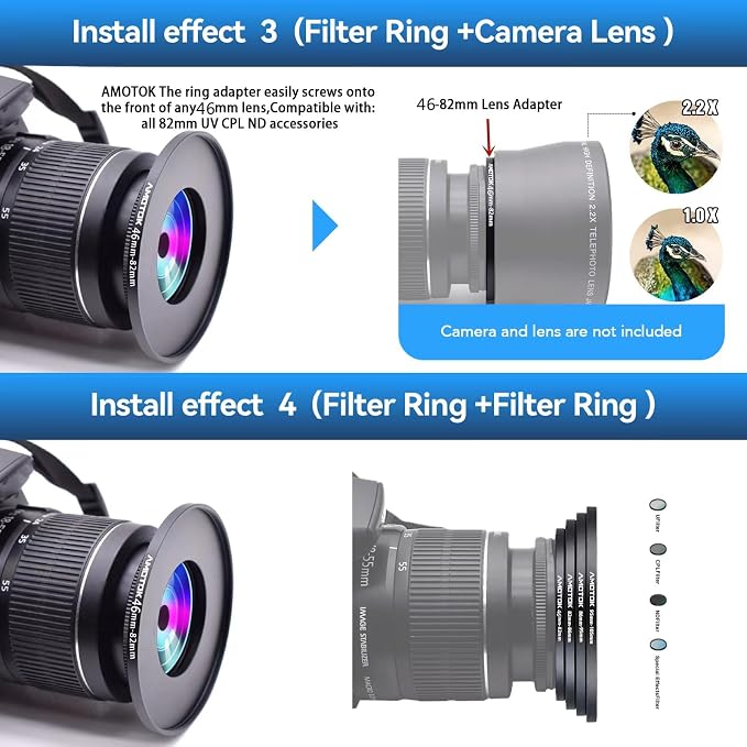 46mm Lens to 82mm Camera Lens Adapter, 46mm to 82mm Filter Step-Up Adapter Ring
