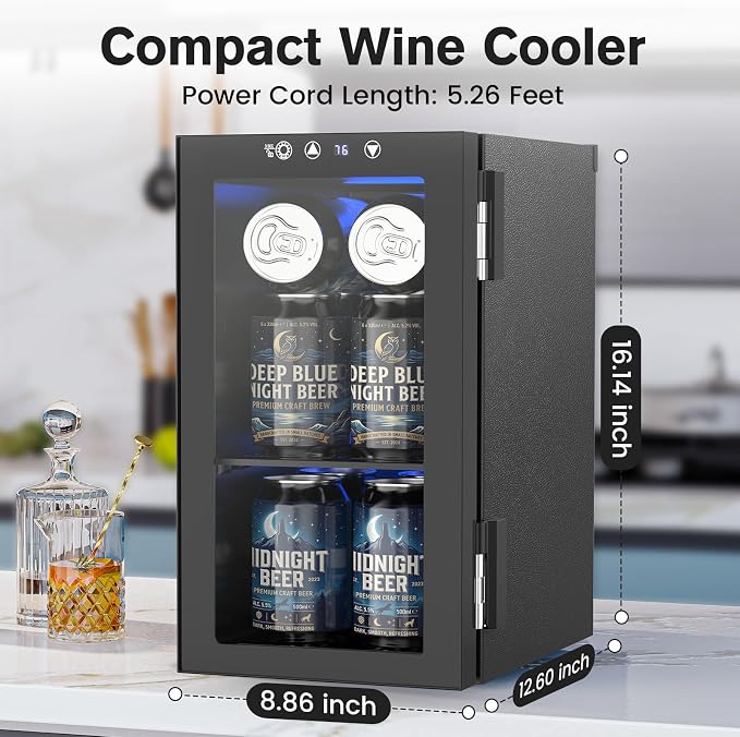 Electactic Wine Fridge Freestanding Counter-top, 12 Cans Wine Cellar Drink Cooler for Soda, Canned Beer, Adjustable Digital Temperature Control for Home Dorm Office, Black