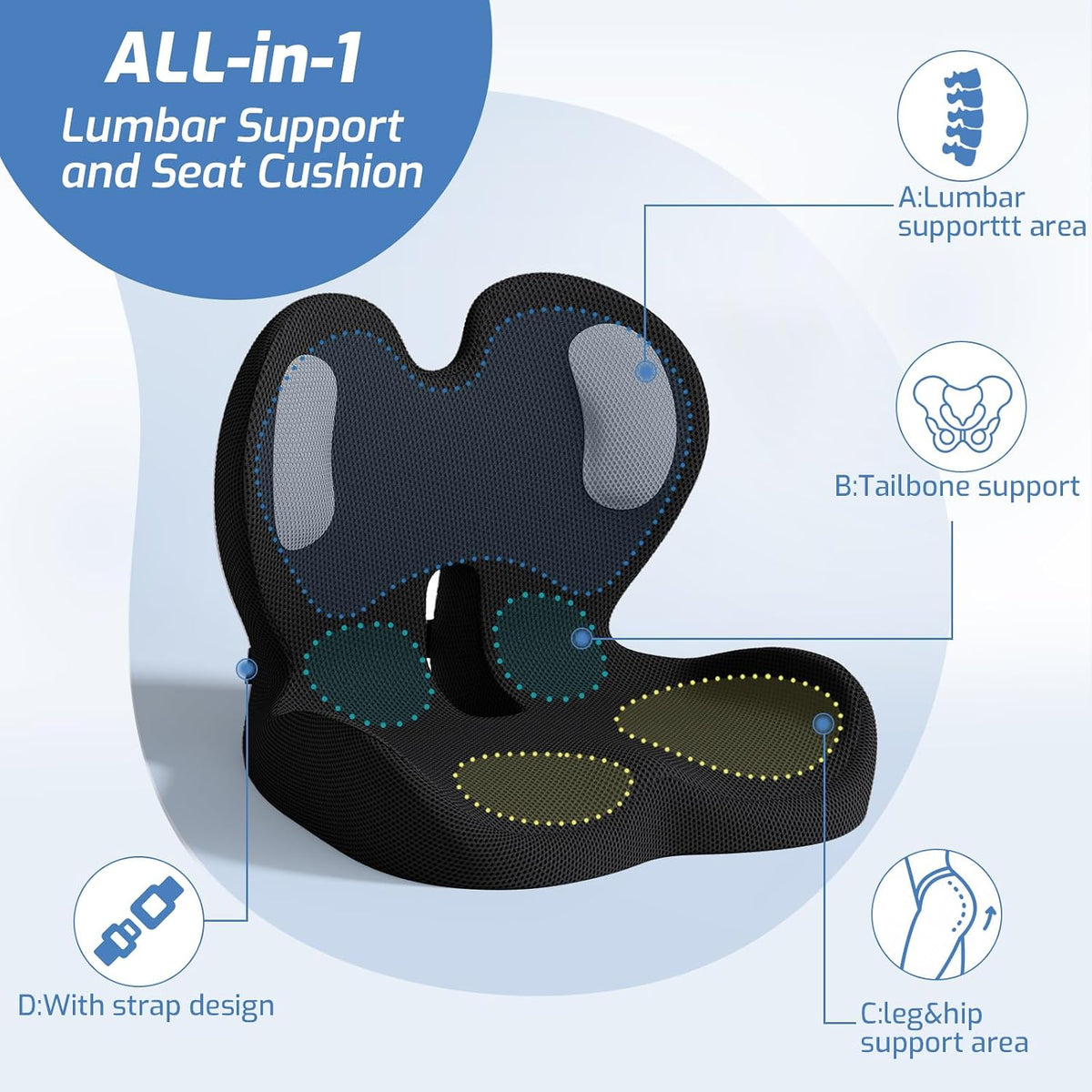 Ergonomic Seat Cushion with Lumbar Support Pillow for Office and Car
