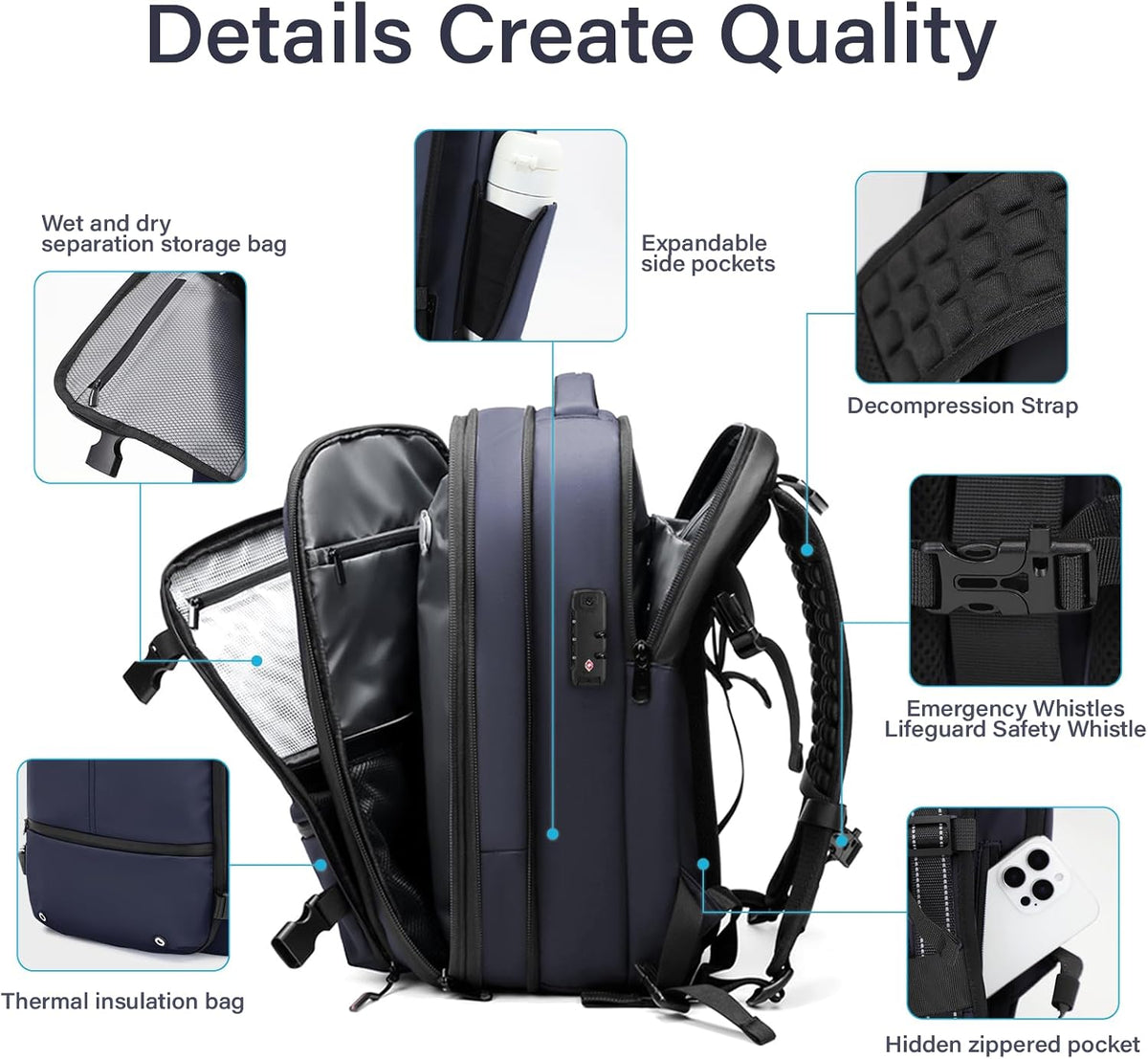 Travel Backpack with Vacuum System,60L Expandable Vacuum Backpack Travel with TSA Lock,17.3 inch Laptop Backpacks Vacpack Backpacks with Vacuum(Blue,External Air Pump)