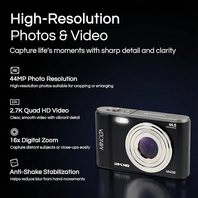 Minolta MND20 44MP Digital Camera – 2.7K Ultra HD Video, 16X Digital Zoom