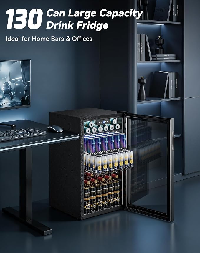 130 Can Beverage Refrigerator, Reversible Door, 3.2 Cu.Ft Drink Cooler | Glass Door, Adjustable Thermostat 34–64°F, Freestanding Beverage Fridge for Soda, Beer & Home Bar