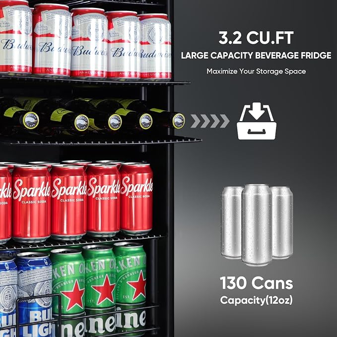 3.2 Cu.Ft Beverage Refrigerator, 130 Can Mini Fridge with Glass Door & Digital Temperature Control, Compressor Cooling Freestanding Cooler for Soda, Beer, Wine, Home, Office & Bar - Black