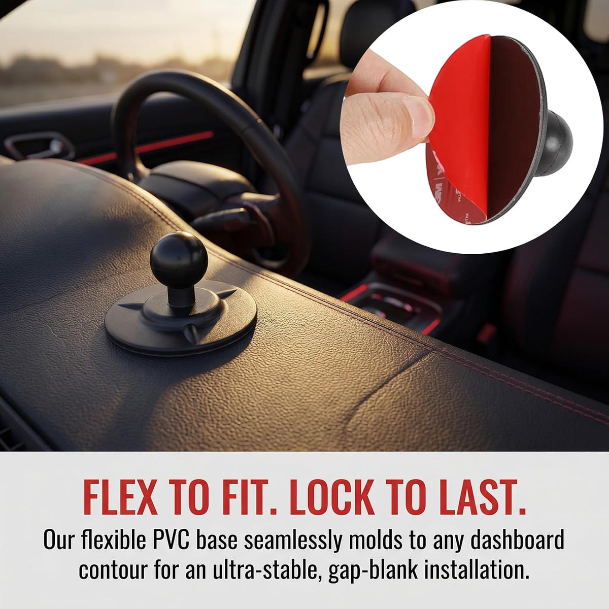 Dashboard Phone Holder for Car, Truck, Boat - Vibration Dampener [Camera Friendly] [1s Lock & Release] [Aluminum Medium Arm], Flex Adhesive 1" Ball Base Phone Mount for 4.7-7.2" Smartphones