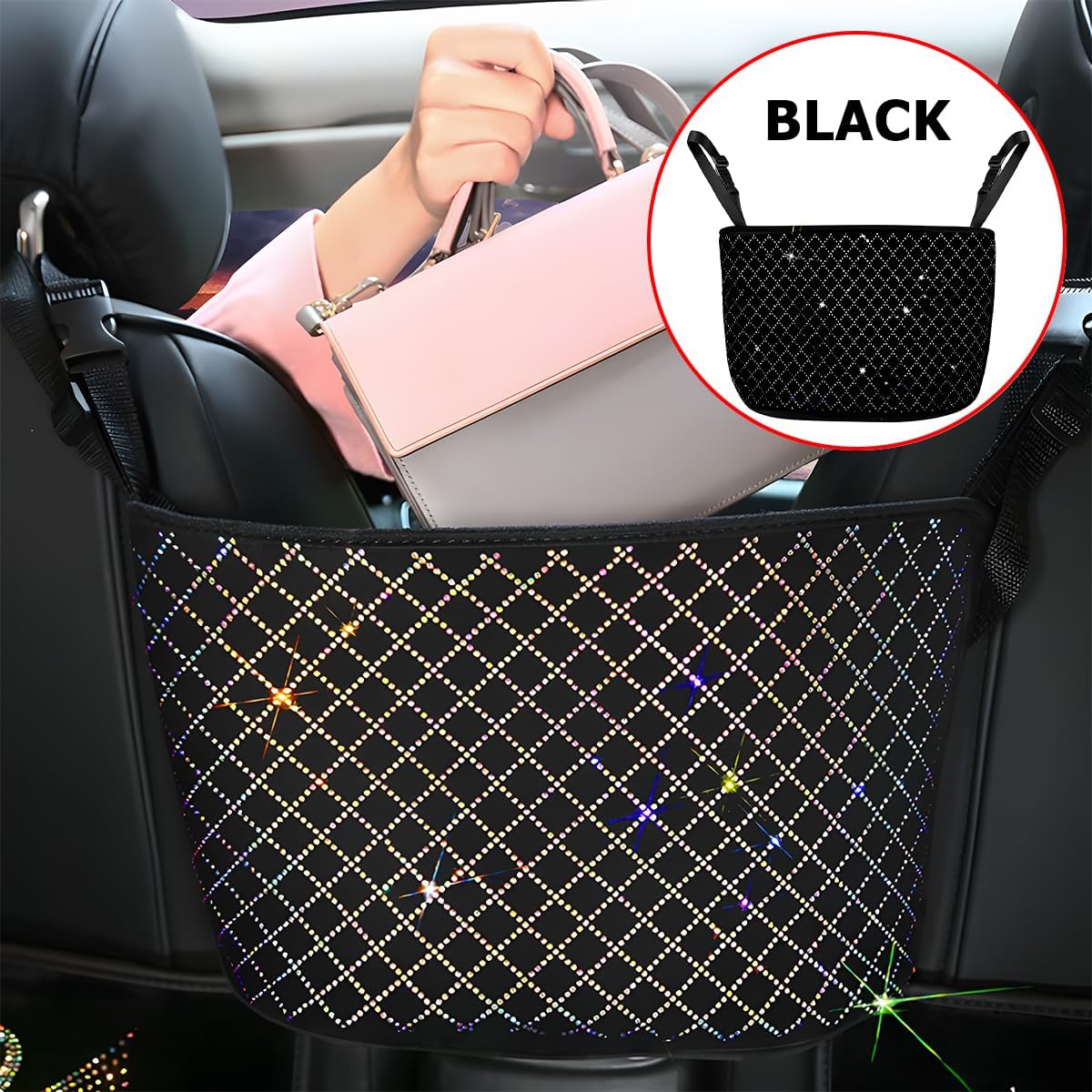zipelo Bling Car Net Pocket Handbag Holder, Rhinestone Vehicle Backseat Purse Organizer Between Seats, Diamond Hanging Storage Bag Barrier of Pet Kids, Universal Automotive Accessories (Black)