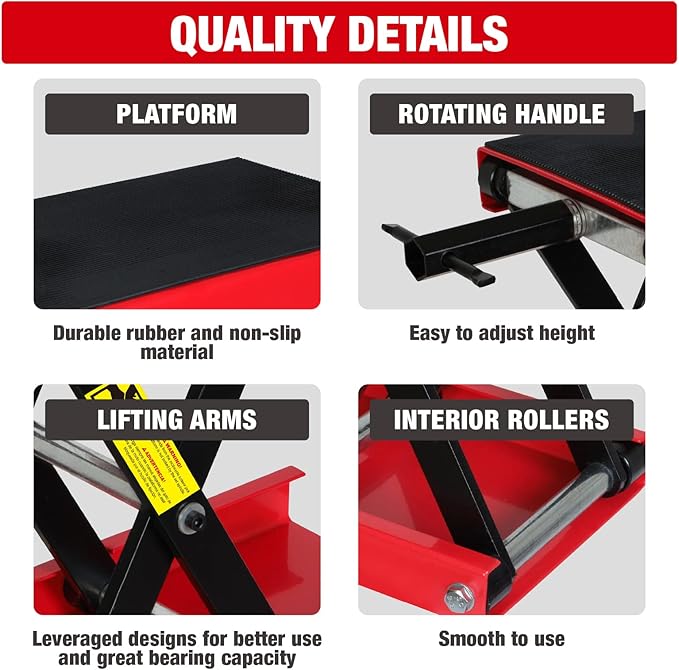 Torin ATRM01101B Portable Steel Motorcycle Lift Scissor Jack: Wide Deck Hoist Stand for ATV, UTV Snowmobile Maintenance, Capacity 1100lb