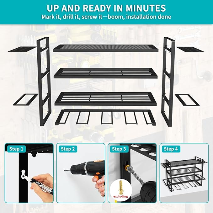 Power Tool Organizer Wall Mount Loads 200lbs, 4 Layers Heavy Duty Tool Organizers and Storage, Cordless Tool Rack with 4 Drills Holder, for Garage Workshop Shed Tool Room Garden