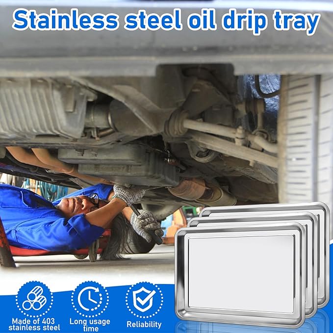3Pcs Stainless Steel Oil Drip Pan- 27.56 x 19.69 Inch Oil Drip Tray for Under Car Silver Rust Resistant Drip Tray ,Oil Catch Pan Replacement Tray to Keep Garage Floor Show Room Driveway Safe and Clean