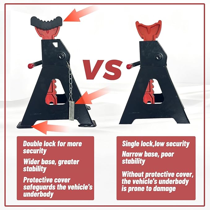 HENBOW Jack Stands，3 Ton Jack Stands with Solid Wheel Chocks，6600lbs Capacity,11"-16.33" Adjustable Car Lift Stands with Double Pin Locking,Black,1 Pair