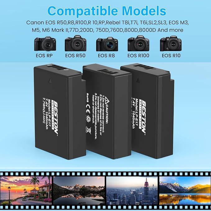 BESTON 3-Pack LP-E17 Battery and Charger Set