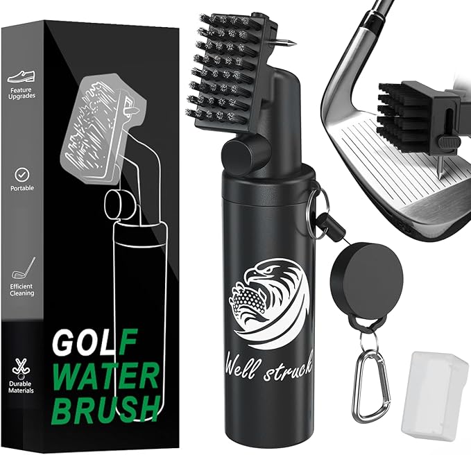 Pro Golf Club Cleaner - 4oz Water Bottle with Groove Cleaner and Retainer Clip, Durable Nylon Bristles for Easy Cleaning, Ergonomic Button Design, Golf Gifts for Men & Essential Accessories