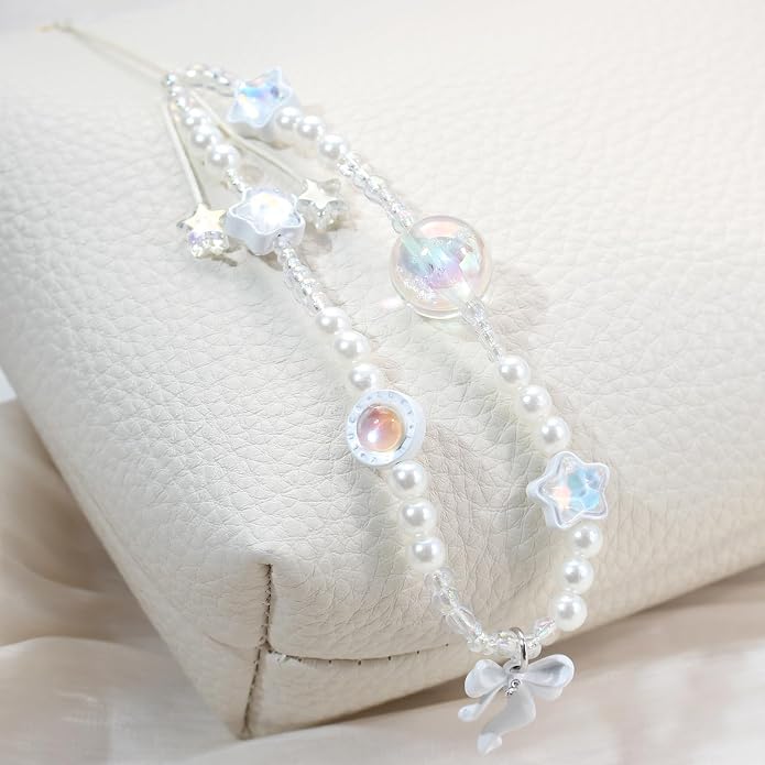 CMVFYL Beaded Camera Wrist Strap, Cute Phone Charms Strap, Pearl Bracelet Wrist