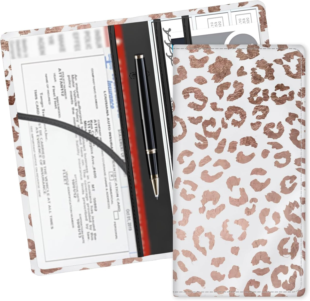 Leather Car Registration and Insurance Card Holder, Cute Car Accessories Vehicle Glove Box Car Organizer for Documents, Cards, License Pink Glitter Leopard