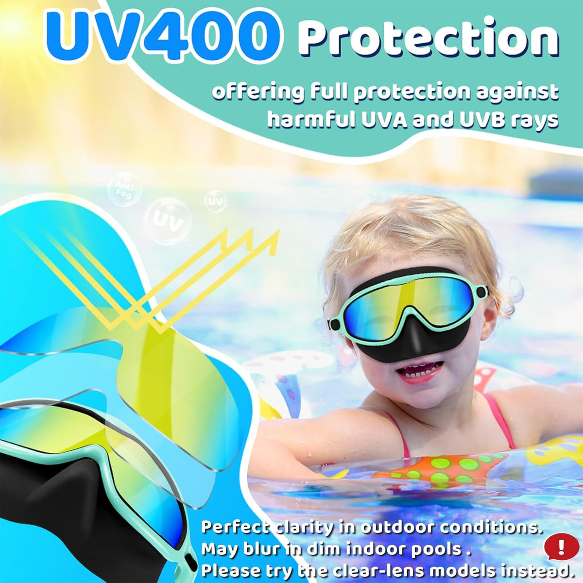 Vvinca Swim Goggles - Anti-Fog Diving Mask with Nose Cover | 2-Pack for Kids Ages 3-15