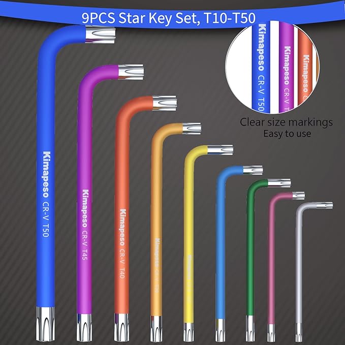 9 PCS Torx Allen Wrench Set Star Allen Key Tools Colored Star Key Set Precision Size Markings T10, T15, T20, T25, T27, T30, T40, T45, T50 for Bike and Household DIY Projects