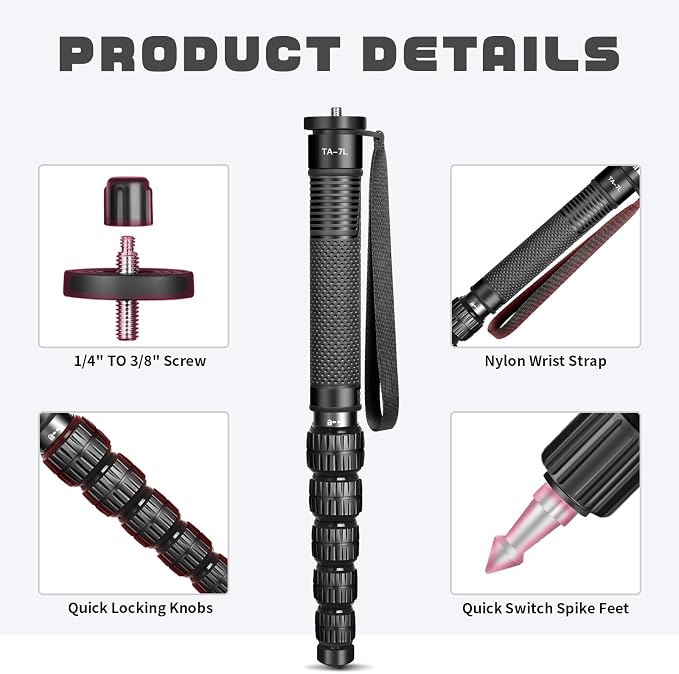TONYBOO 68.5” Aluminum Camera Monopod, Lightweight & Portable, 5-Section Travel