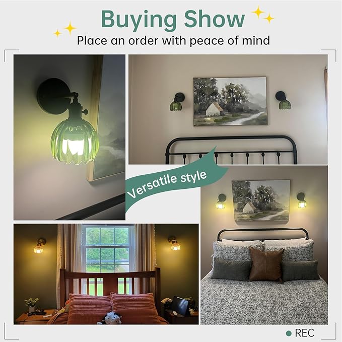 Vintage Battery Operated Wall Sconce with Green Tulip Glass Lampshade Rechargeable Battery Powered Black Wall Light with Remote Control for Bedside Bedroom Doorway, Set of 2