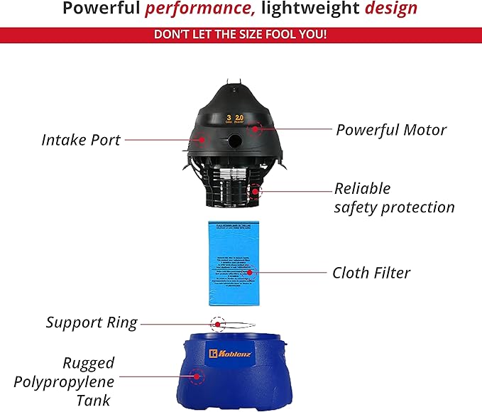 Koblenz WD-353L Portable Wet-Dry Vacuum Cleaner, 3 Gallon Tank, 2.0 HP Vacuum Cleaner with Several Accessories, 5 Year Warranty, Blue/Black