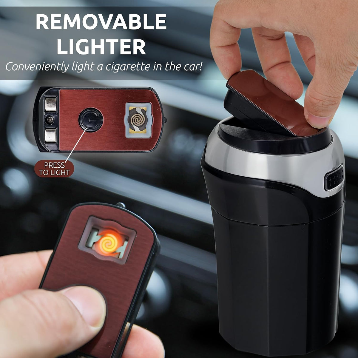 TAKAVU Car Ashtray, Detachable Stainless Lid, Blue LED & Lighter (Silver) | Easy Clean-Up Detachable Ashtray, Fits Most Vehicle Cup Holders, Removable Lighter & Illuminated Lid