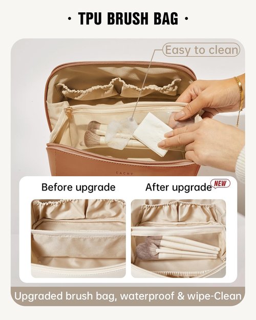 EACHY Travel Makeup Bag - Large Capacity Waterproof PU Leather Cosmetic Organizer | Flat Open Design for Skincare & Brushes