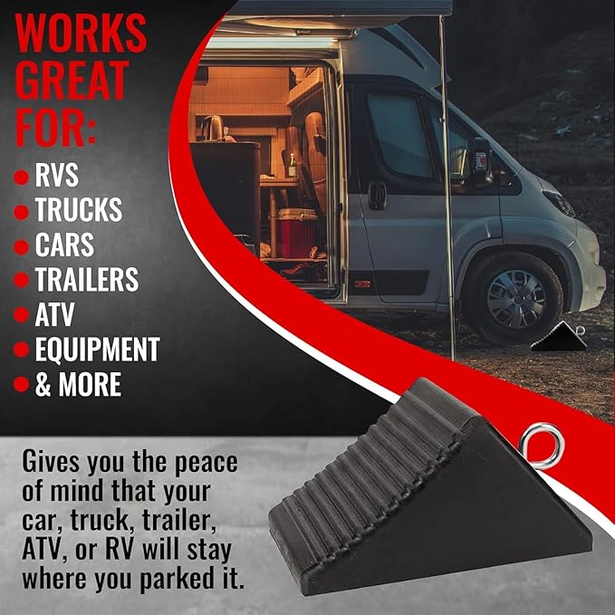 AFA Tooling - Heavy Duty Rubber Wheel Chocks w/Eyebolt Tie Off Handles - RV Wheel Chock for Front & Back Tires - Quick Grip Ribbed Design - Great for Your Camper, Trailer, RV, Truck, Car, ATV - 4 Pack