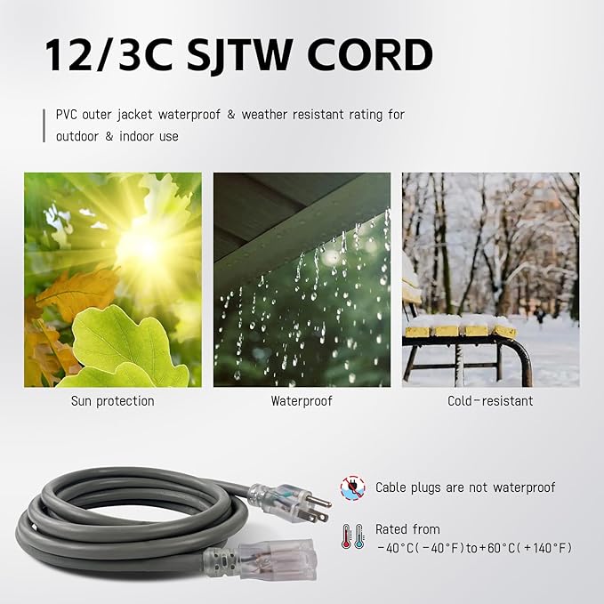 EP 3 Ft Lighted Extension Cord - 12/3 SJTW Heavy Duty Grey Extension Cable with 3 Prong Grounded Plug - Power Cord for Lawn, Garden, Appliances