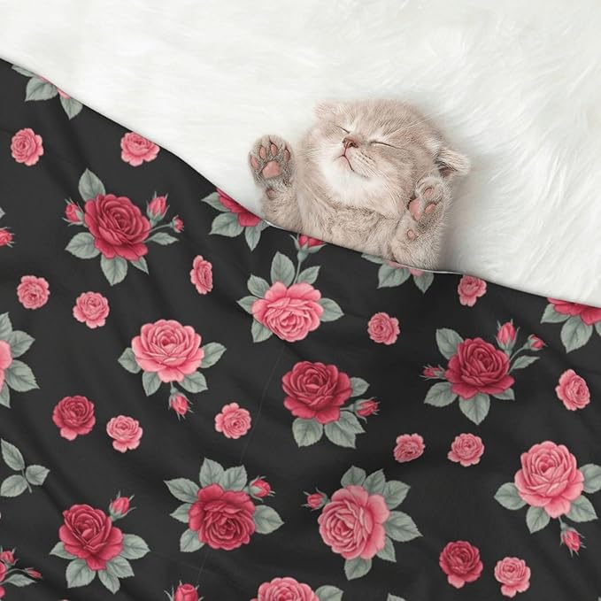Reversible Plush Dot Pet Blanket for Dogs and Cats, Rose Seamless Pattern Pink, Ultra Soft Two Sided Design with Warm Fuzzy Side and Smooth Side for Comfort