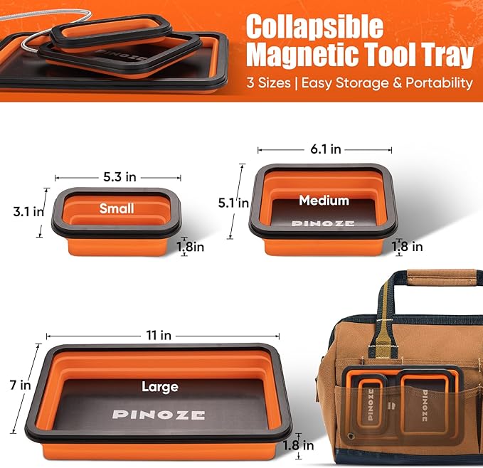 Collapsible Magnetic Parts Organizer Trays & 12" Flexible Magnetic Pickup Tool, 3 Different Size Magnet Tool Trays & Pick-Up Sweeper for Screw, Bolts, Nuts, Washers, Pins and Other Metal Parts