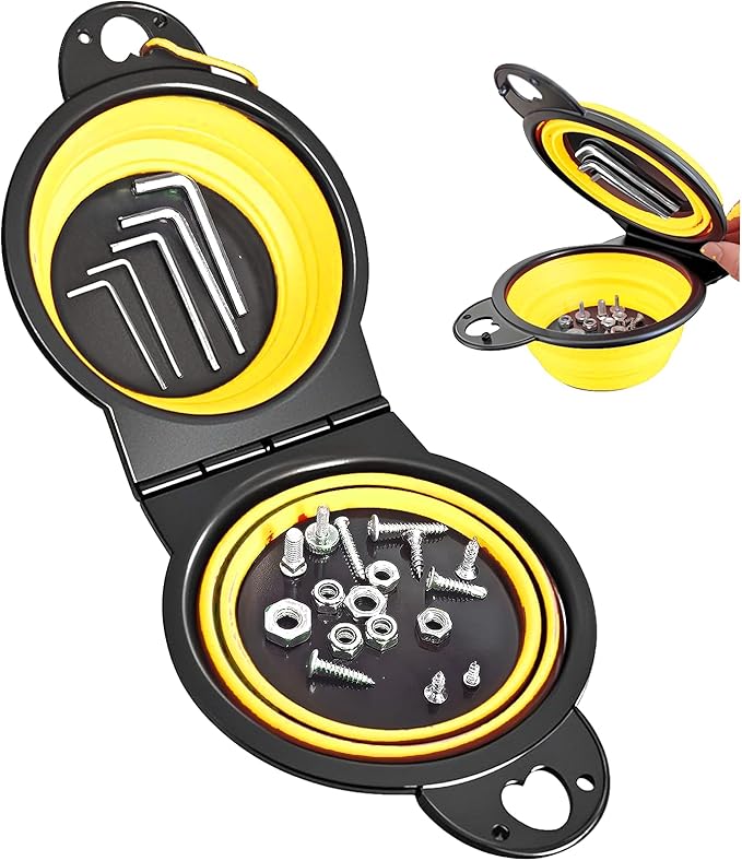 Collapsible Magnetic Parts Tray Set, New Upgraded Version Magnetic Trays, Integrated 5.1" Round Dual Silicone Bowls, Multi-Use Nuts And Bolts Organizer, Bonus Hook for On-the-Go Carry (yellow2.0)