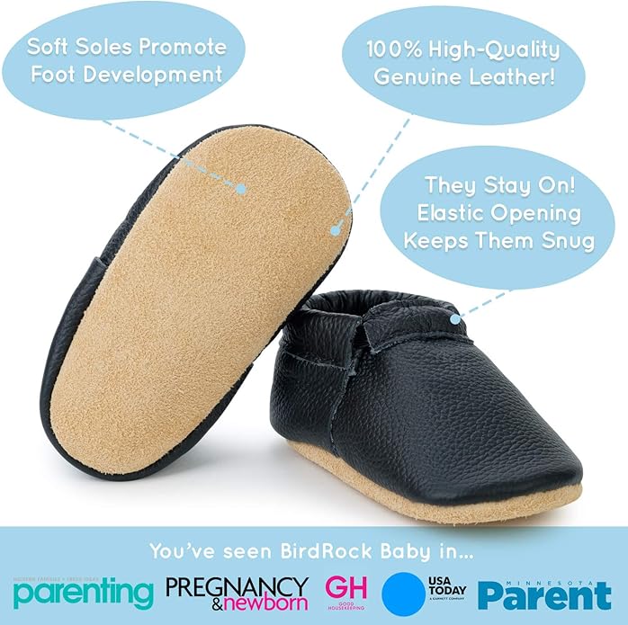 BirdRock Baby Fringeless Moccasins - Genuine Leather Boys and Girls Shoes for Newborns, Infants, Babies, Toddlers