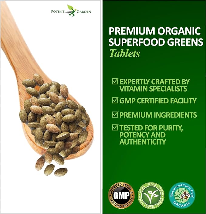 Potent Garden Organic Superfood Greens, Fruit and Veggies Supplement Rich in Vitamins & Antioxidants with Alfalfa, Beet Root & Tart Cherry to Boost Energy, Immunity & Gut Health, Greens Tablets 60 Ct