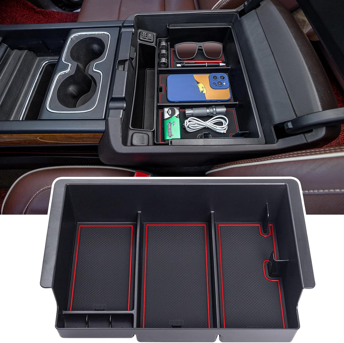 TOPINSTALL Red Full-Size New Center Console Tray Compatible with 2014-2018 Chevy Silverado/GMC Sierra and 2015-2020 Chevy Tahoe/Suburban/GMC Yukon/Yukon XL (Full Console w/Bucket Seats ONLY)