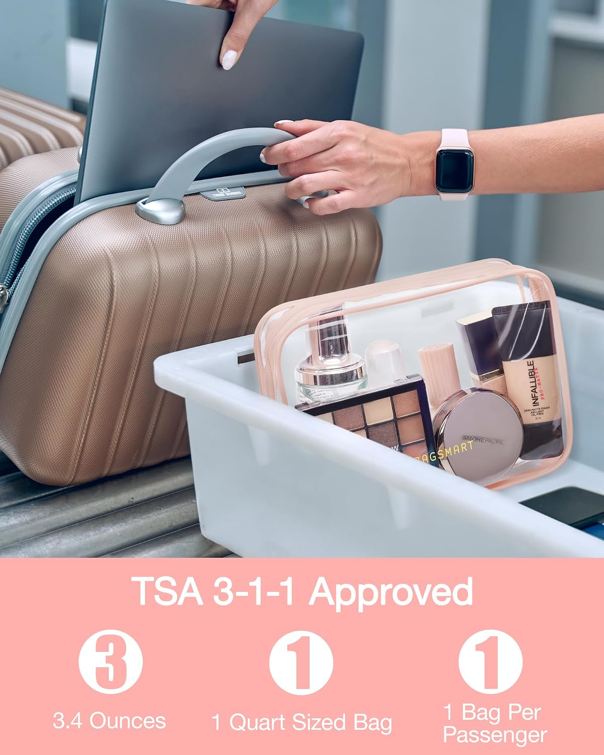 BAGSMART Clear Toiletry Bag 3-Pack TSA Approved Water-Repellent, Nude Pink