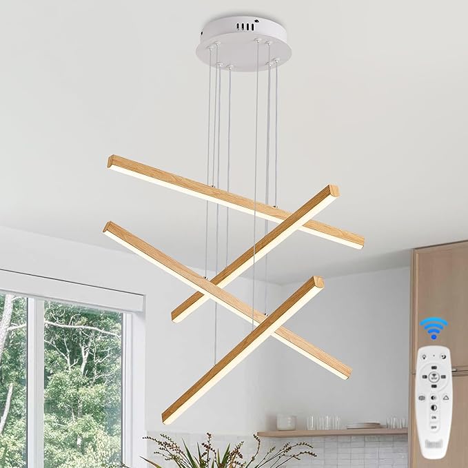 Linear Pendant Light for Dining Room Oak Wood Grain Finish LED 4 Light