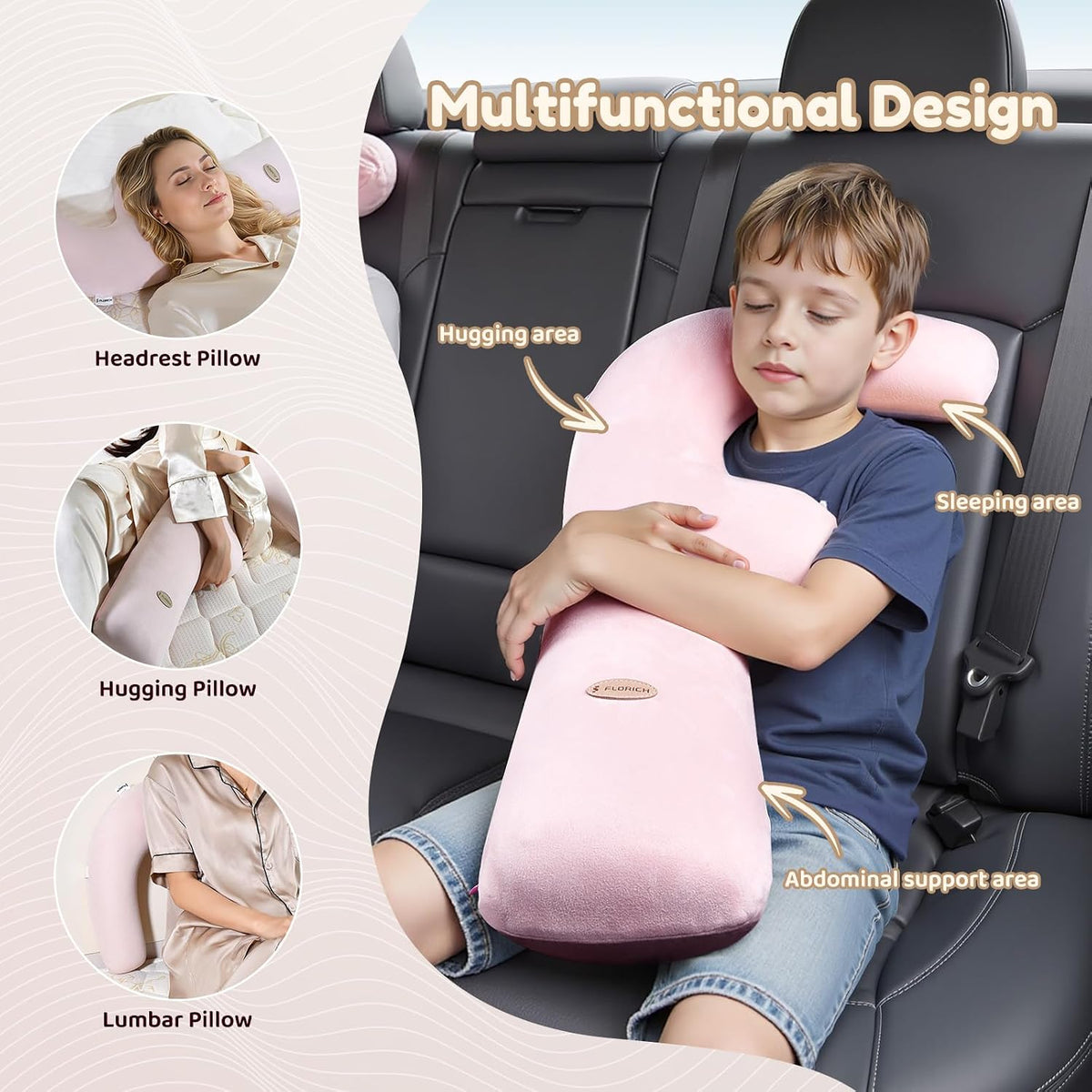 FLORICH Memory Foam Kids Travel Pillow, Car Sleeping Pillow, F-Shape Car Pillows for Adults and Children, Traveling Car Pillow for Kids with Removable Pillowcase (Dark Pink)