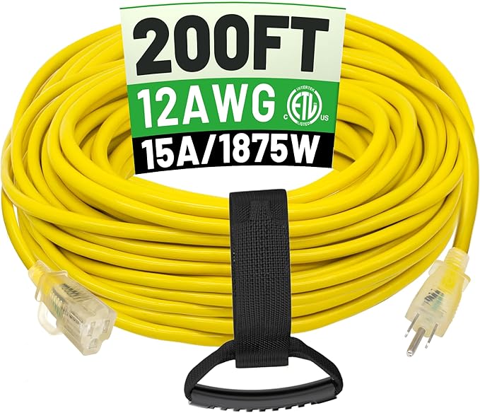 POWGRN 200 ft 12/3 Outdoor Extension Cord Waterproof Heavy Duty with Lighted End 12 Gauge 3 Prong, Flexible Cold-Resistant Long Power Cord Outside, 15Amp 1875W SJTW Yellow ETL Listed