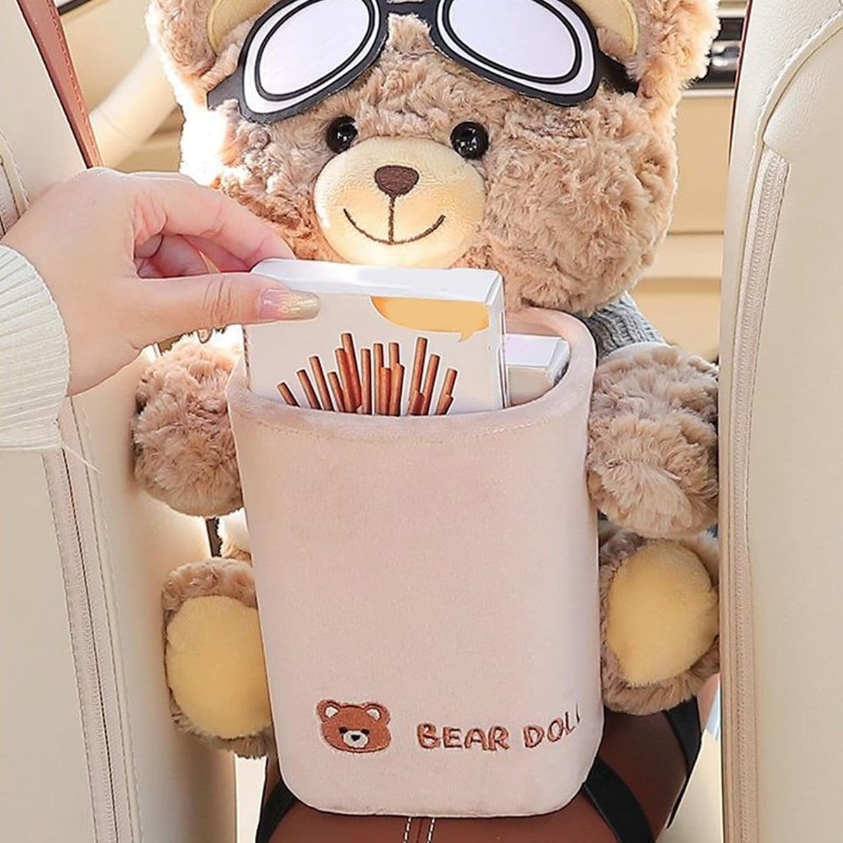 Cute Bear Plush Car Tissue Holder and Trash Can, 2-in-1 Cartoon Bear Car Tissue Box Design with Aviator Goggles, Waterproof, Beige, 25x22x28cm
